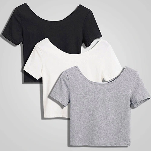 New Fashion Women Scoop Neck Crop Tops Short Sleeve Bare Midriff Casual Blouse T-Shirt