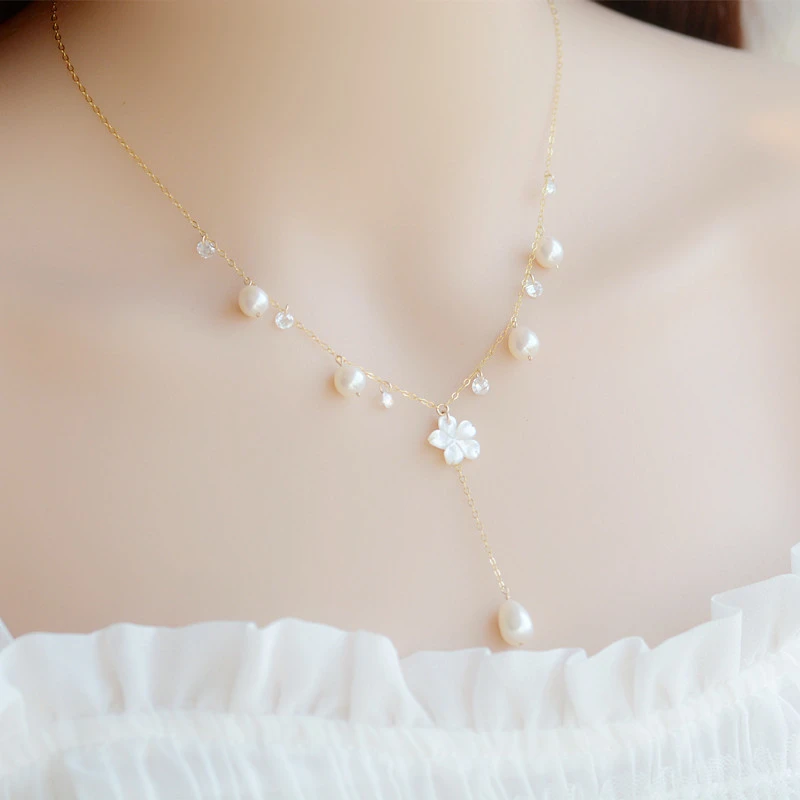 Freshwater Pearl White Butterfly Shell Cherry Blossom Necklace