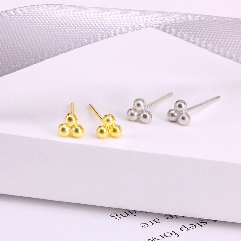 S925 Sterling Silver Three-ball INS Style Stud Earrings Small Dot Earrings Cartilage Spiral Piercing