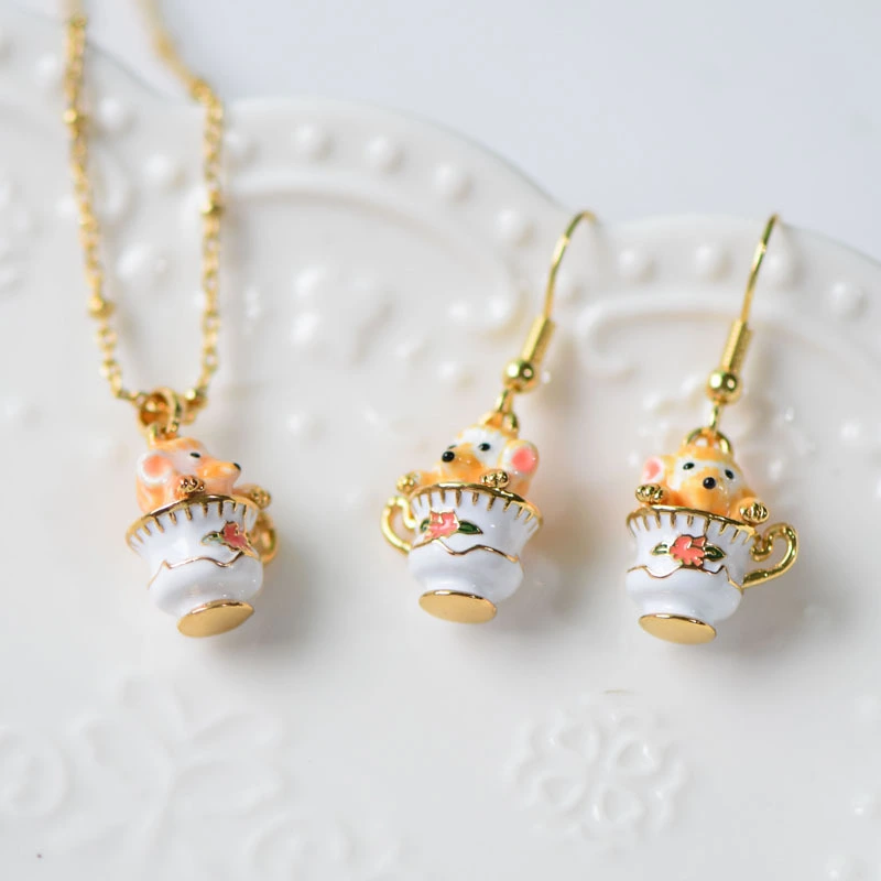 Hand-painted Colored Enamel Glaze Cute Petfun Flavor Design Ear Studs Cartoon Teapot Chipmunk Necklace