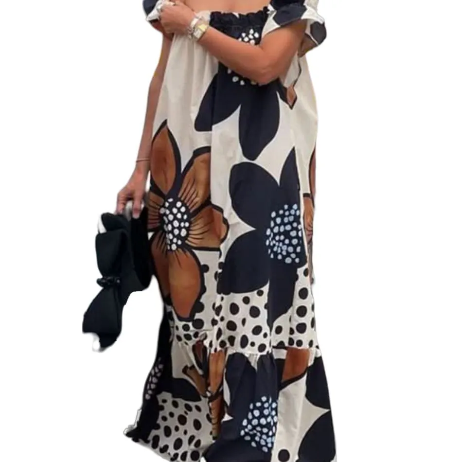 Summer New Pocket Off-shoulder Printed Loose Casual Dress For Women