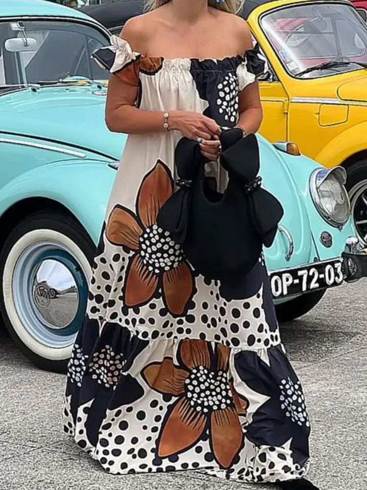 Summer New Pocket Off-shoulder Printed Loose Casual Dress For Women