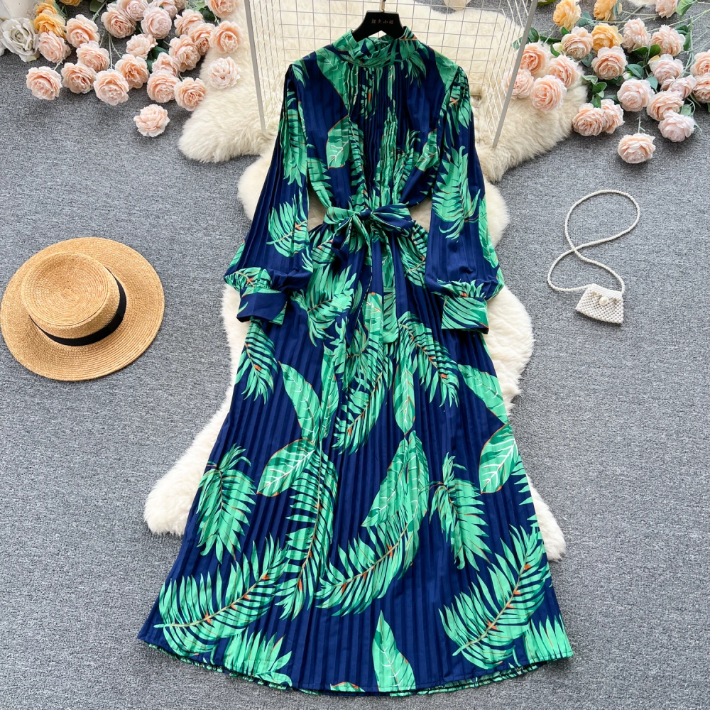 Stand Collar Long Sleeve Printed Chiffon Dress Women Lace Up Cinched Pleated Vacation Skirt