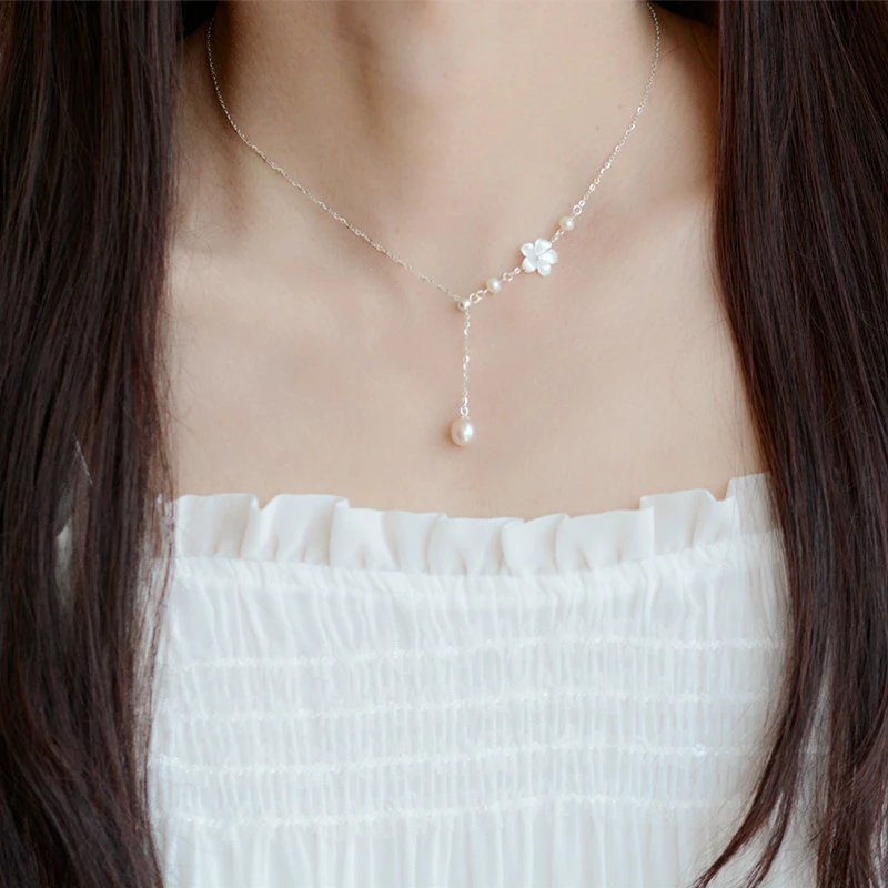 Fresh Freshwater Pearl Y-shaped Necklace Cherry Blossom