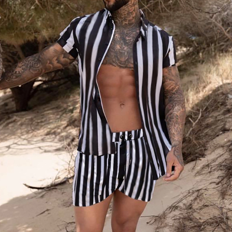 Men's Fashion Casual Beach Vertical Striped Shirt And Shorts Suit