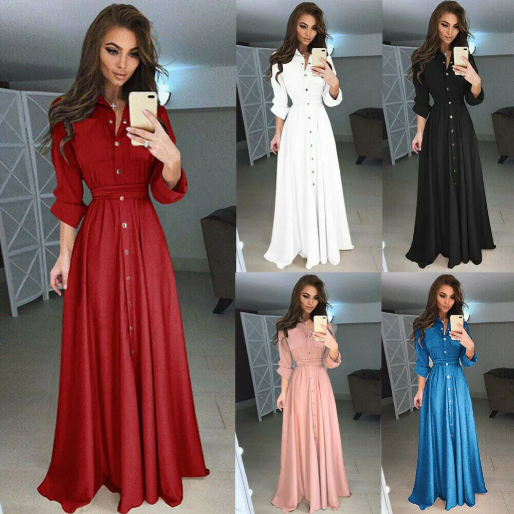 Women' s Casual Shirt Dress Long Sleeve Solid Color Draped Maxi Dresses Ladies' Slim Fit Flare Dress