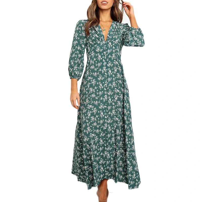 Women 3/4 Sleeve Maxi Dress Button-Down Floral Print Dress V-Neck Casual High Waist Boho Dress