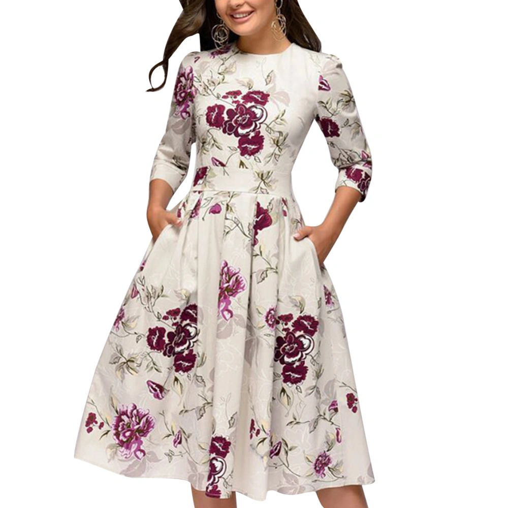 Women's Floral Midi Dress with Pockets Ladies' Vintage Elegant Evening Dress Cocktail Dress