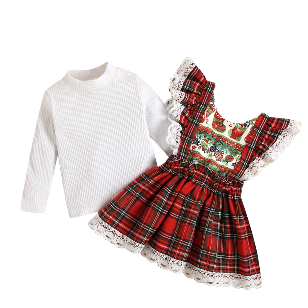 Kids Girls Dress Suit, Long Sleeve Round Neck Knitting Solid Color Shirt + Plaid Lace Christmas Dress