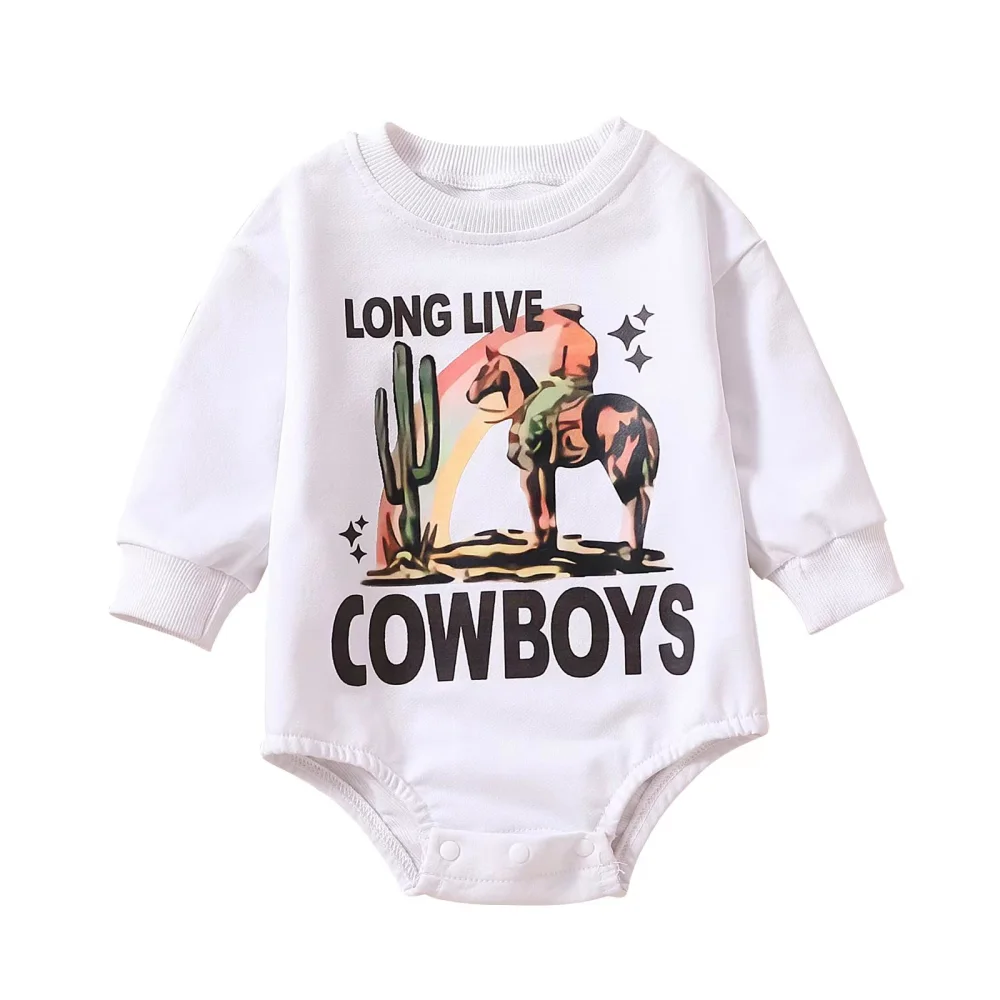 Infant Baby Boys Girls Romper Letter Cactus Person Ride Horse Print Long Sleeve Round Neck Jumpsuits Autumn Winter Bodysuits