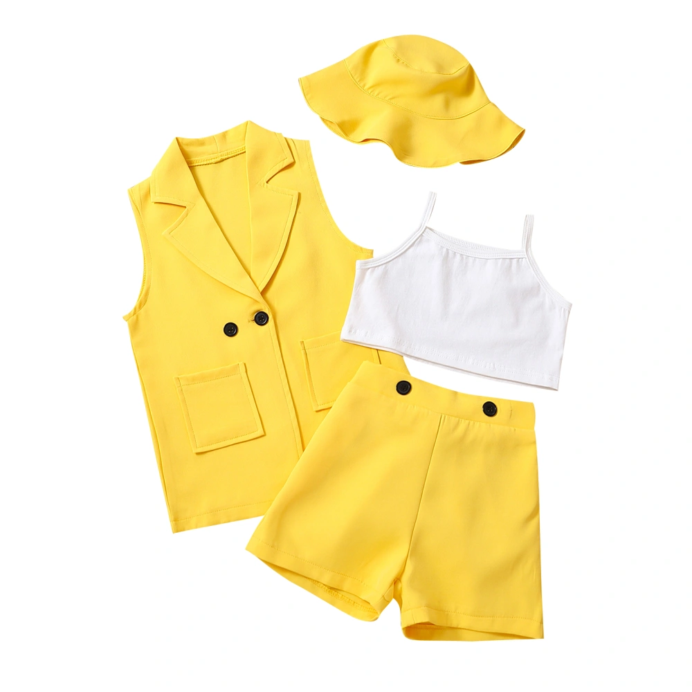 Kids Girls Summer Clothes Outfits Solid Color Sleeveless Camisoles Sling Tank Tops Buttons Shorts Lapel Vests Hats 4Pcs Suit