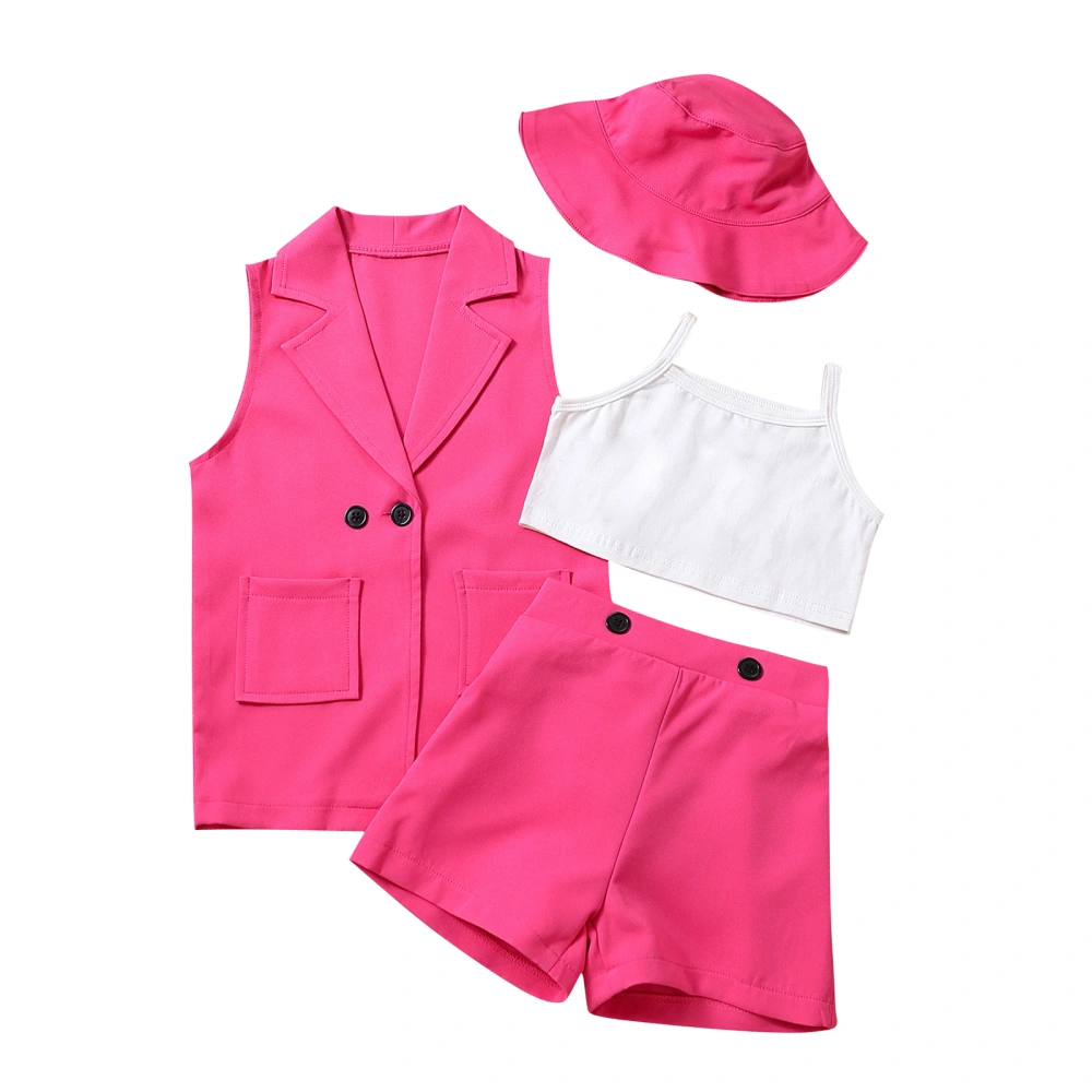 Toddler Girls Summer 4PCS Outfit Sets Sleeveless V Neck Gilets + White Camisole + Solid Color Shorts + Hat