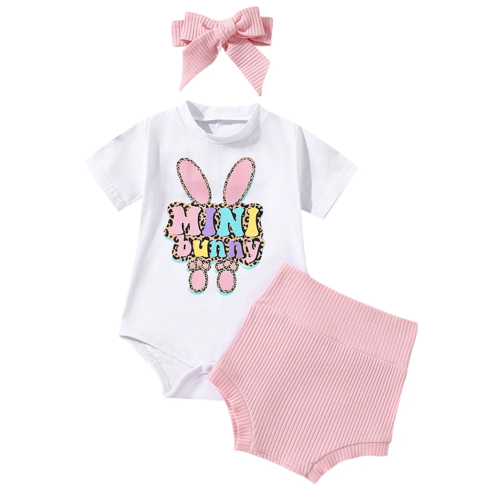 Baby Girls 3Pcs Easter Outfits, Short Sleeve Romper + Ribbed Knit Shorts + Headband Set