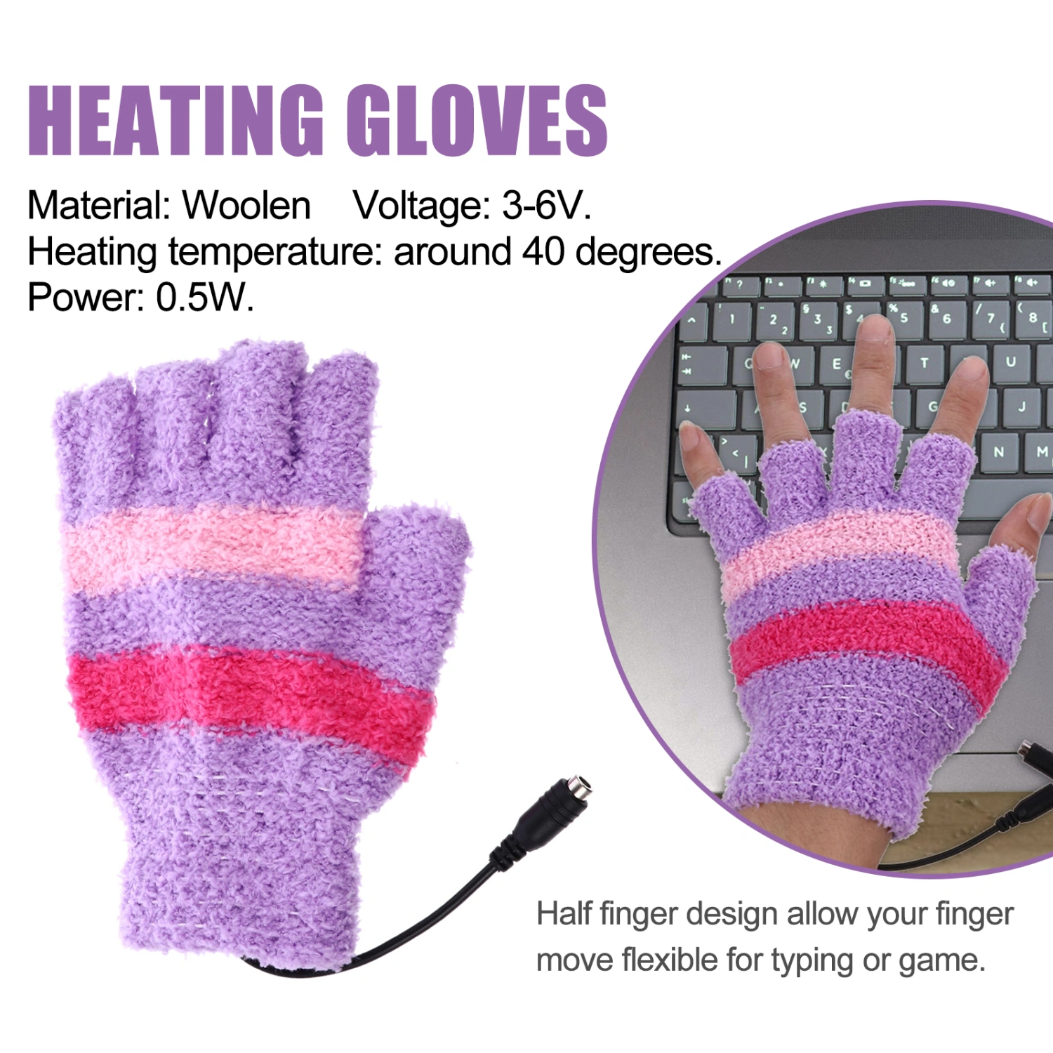 1 Pair USB Heated Gloves Woolen Winter Thermal Heated Half Finger Gloves