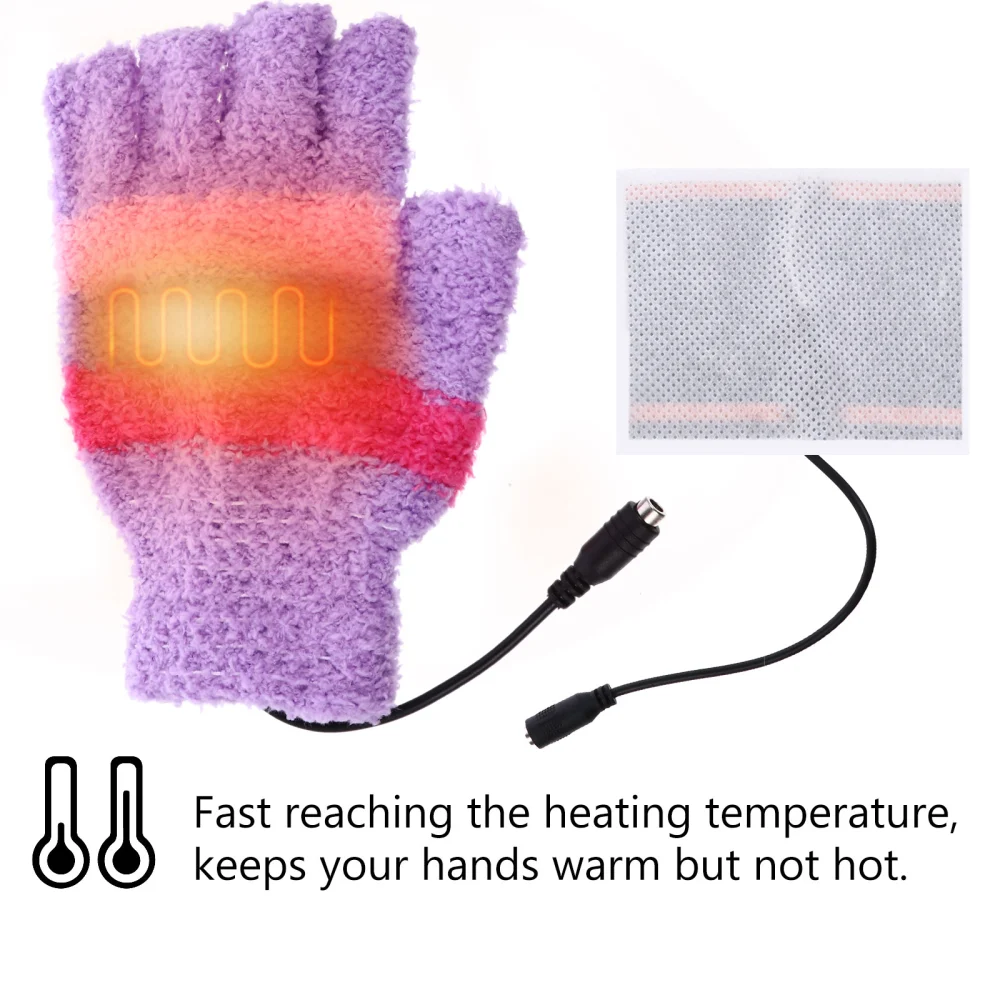 1 Pair USB Heated Gloves Woolen Winter Thermal Heated Half Finger Gloves