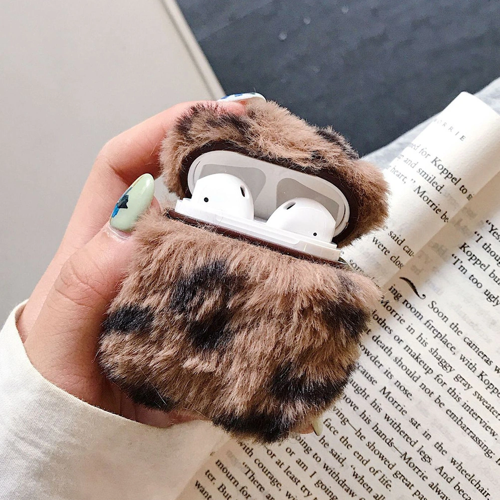 Wireless Earphone Protector Plush Full Protective Headset Case Leopard Cover Compatible for AirPods 1/2 (Pale Pinkish Gray)