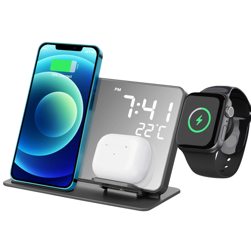 Charging Station 4-in-1 Wireless Charger with Digital Clock Fast Charging Stand Compatible with Samsung iPhone AirPods and Apple Watch