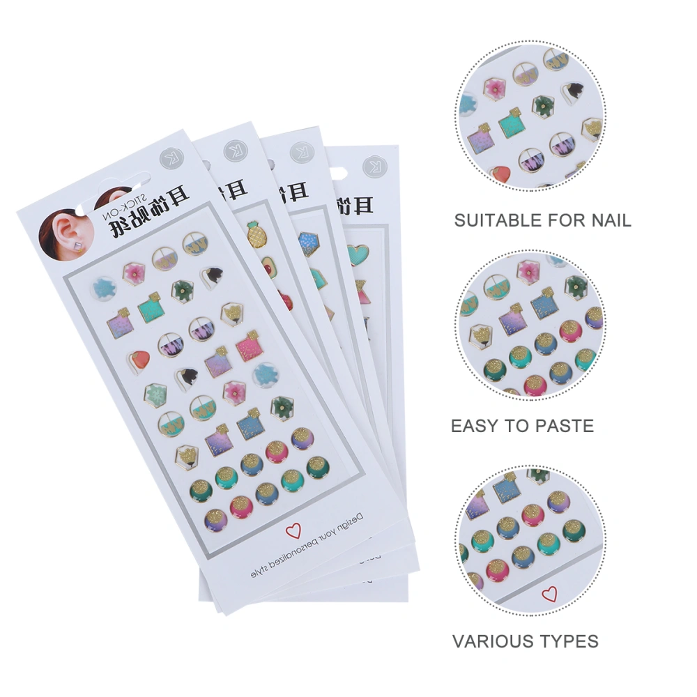 4Sets Cartoon Diamond Earring Stickers Nail Stickers Ear Stud Stickers Adhesive Earring Paper for Ladies