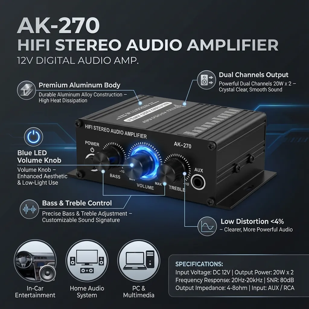 Audio Amplifier 12V Digital Audio Amp Dual Channels Bass Treble Amplifier