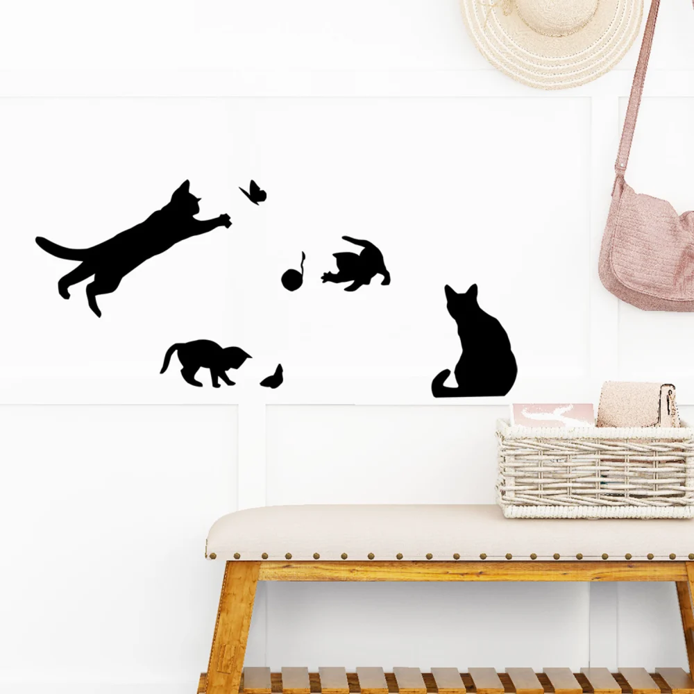 1 Set Wall Decal Cat Playing With Wool Nursery Room Sticker Refrigerator Sticker