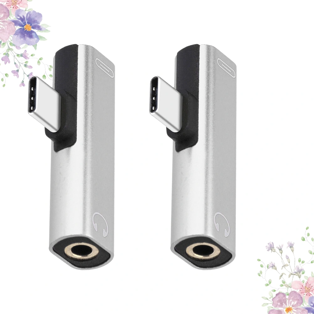 2pcs Type C to TypeC Dual Type-C USB-C Type C To 3.5mm Aux Jack Audio Adapter Earphone Charging Converter for Phone (Silver)
