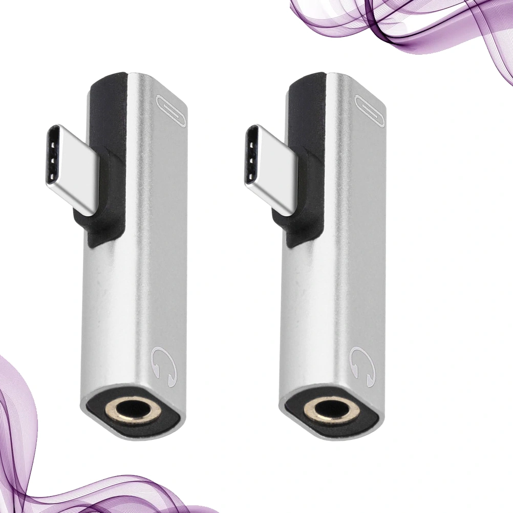 2pcs Type C to TypeC Dual Type-C USB-C Type C To 3.5mm Aux Jack Audio Adapter Earphone Charging Converter for Phone (Silver)