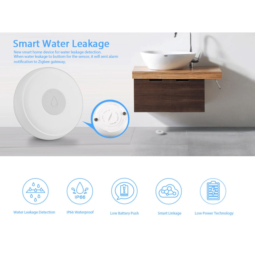 ZigBee Water Leak Detector Waterproof App Alerts Reminder for for Basement Apartment Kitchen Bathroom (White)