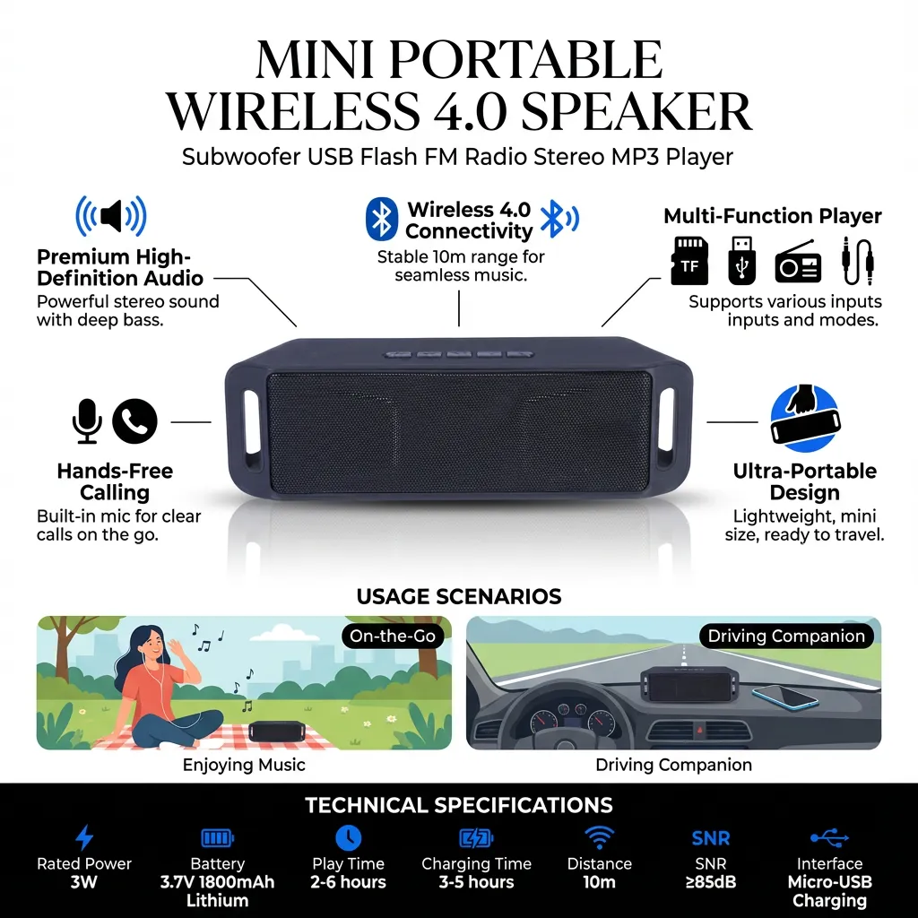 Mini Portable Wireless4.0 Speaker Subwoofer USB Flash FM Radio Stereo MP3 Player(Black)