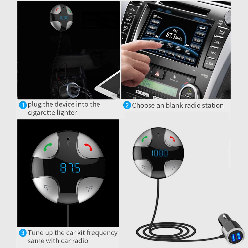 Car Kit Handsfree FM Transmitter A2DP Wireless Car MP3 Player Support TF Music Play Dual USB Car Charger (Gray)