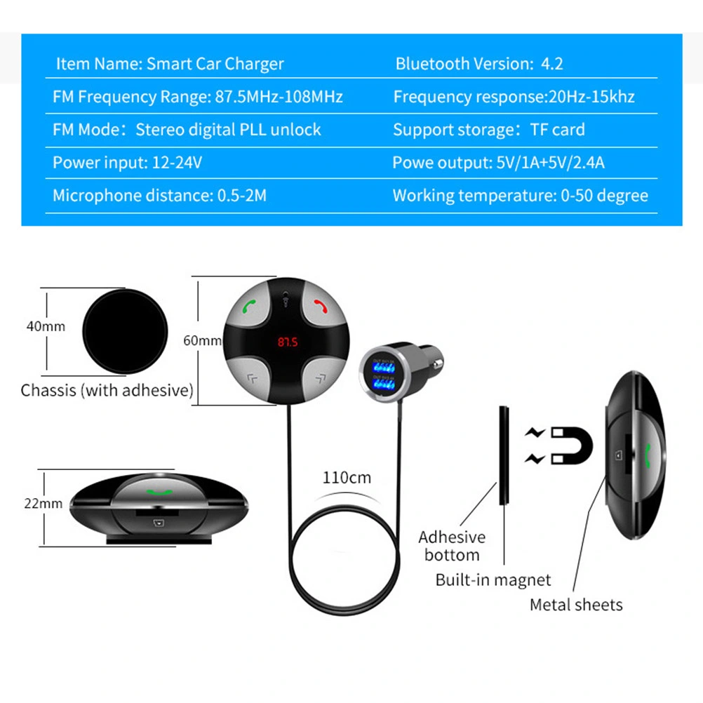 Car Kit Handsfree FM Transmitter A2DP Wireless Car MP3 Player Support TF Music Play Dual USB Car Charger (Gray)