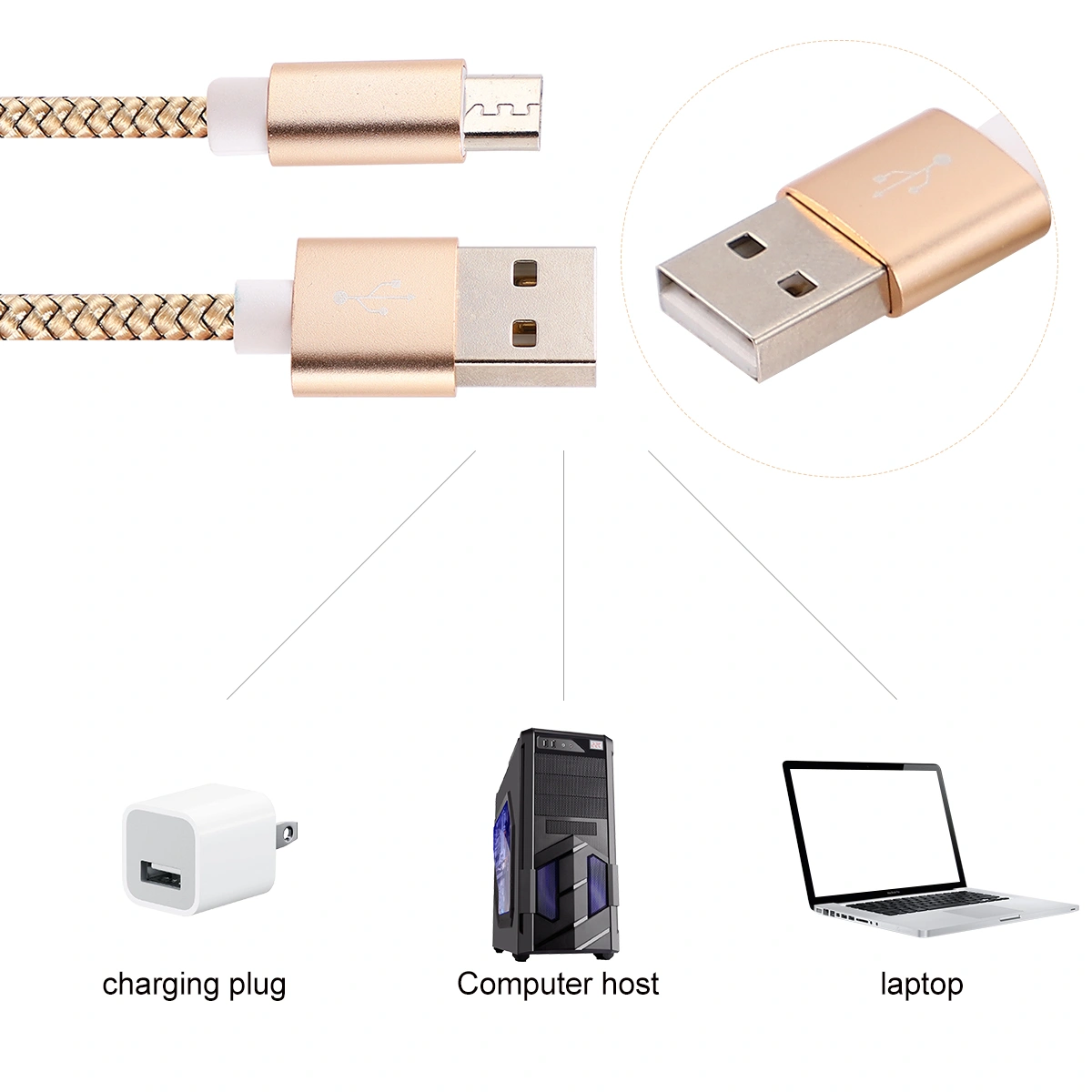 1 Set of 3pcs Nylon Braided Data Cable Mobile Phone USB Cable Compatible for Android Type-C (0.25M 0.5M 1M for Each 1pc - Golden)