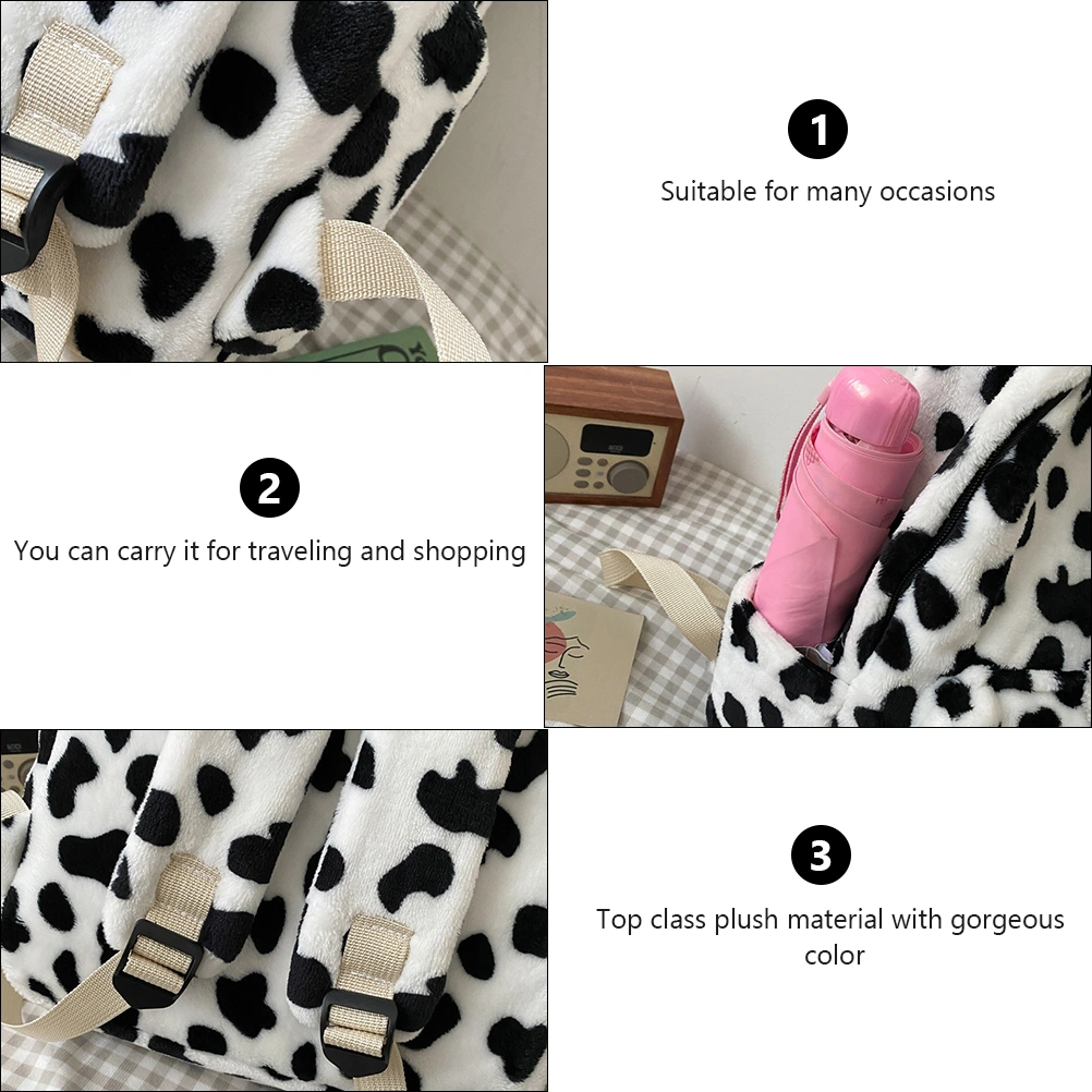 1pc Storage Backpack Adorable Cow Prints Shopping Backpack Plush Schoolbag