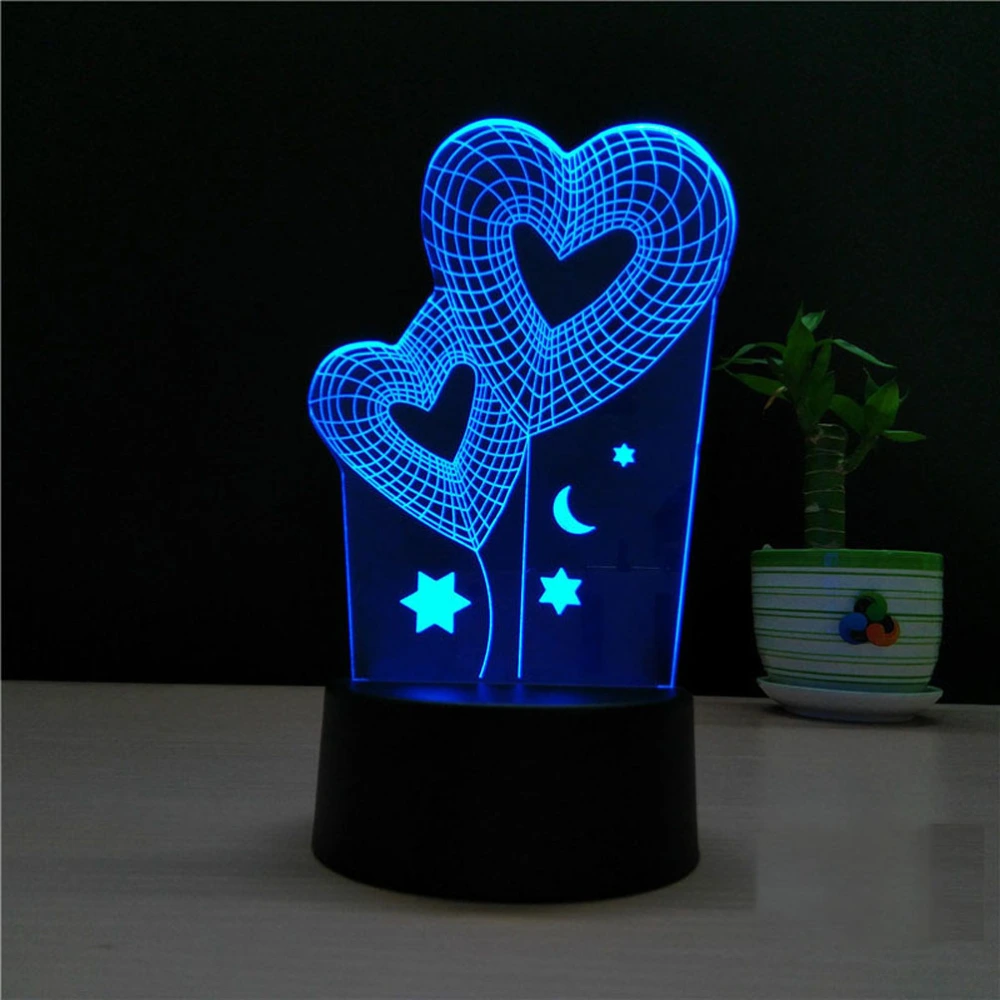 3D Dual Heart Shapes Lamp Multicolor LED Lights Touch USB Night Light Table Lamp for Couple Romantic Night Valentine's Day Mother's Day Gift