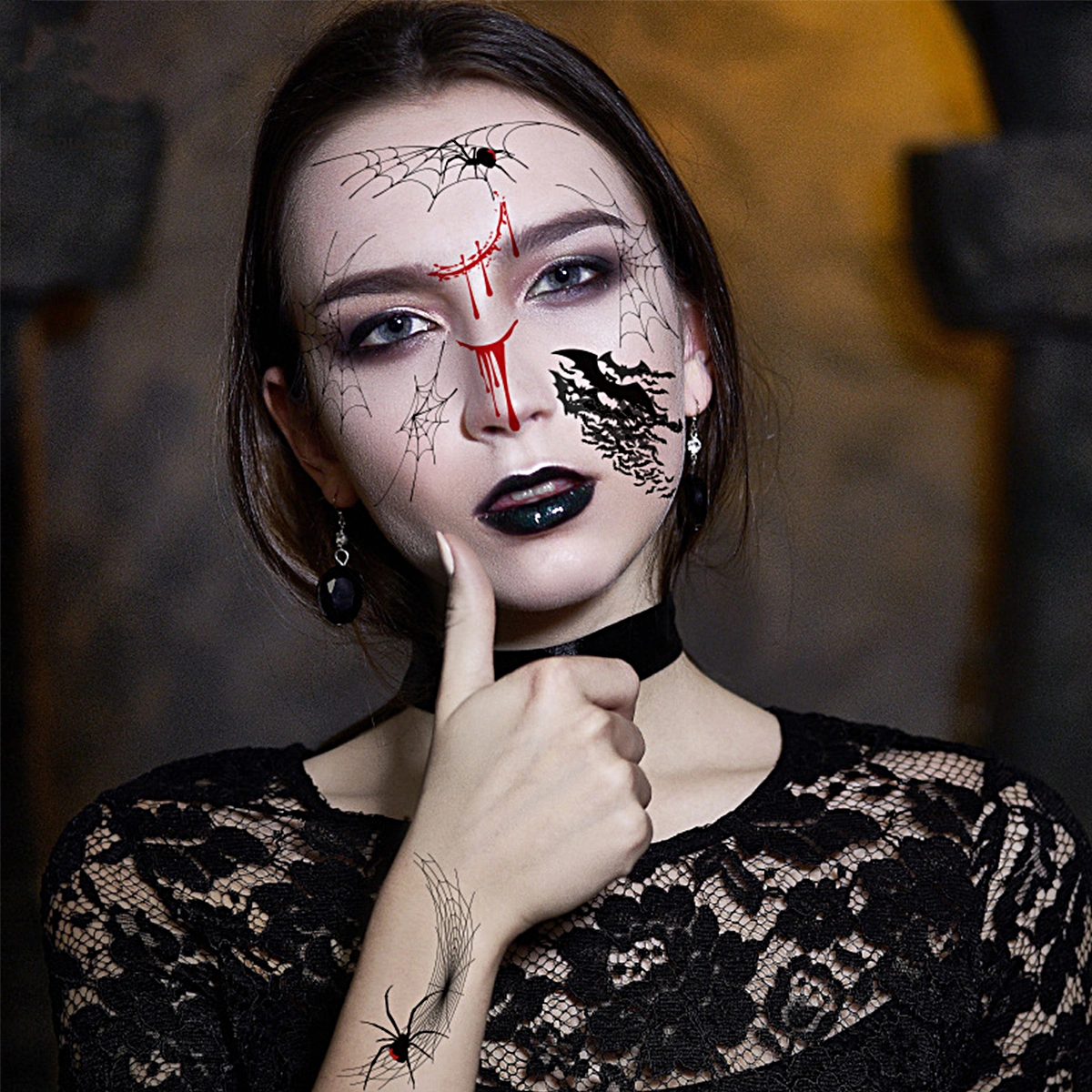 15 Sheets Spider Web Tattoos Decal Halloween Temporary Sticker Horror Face Paste