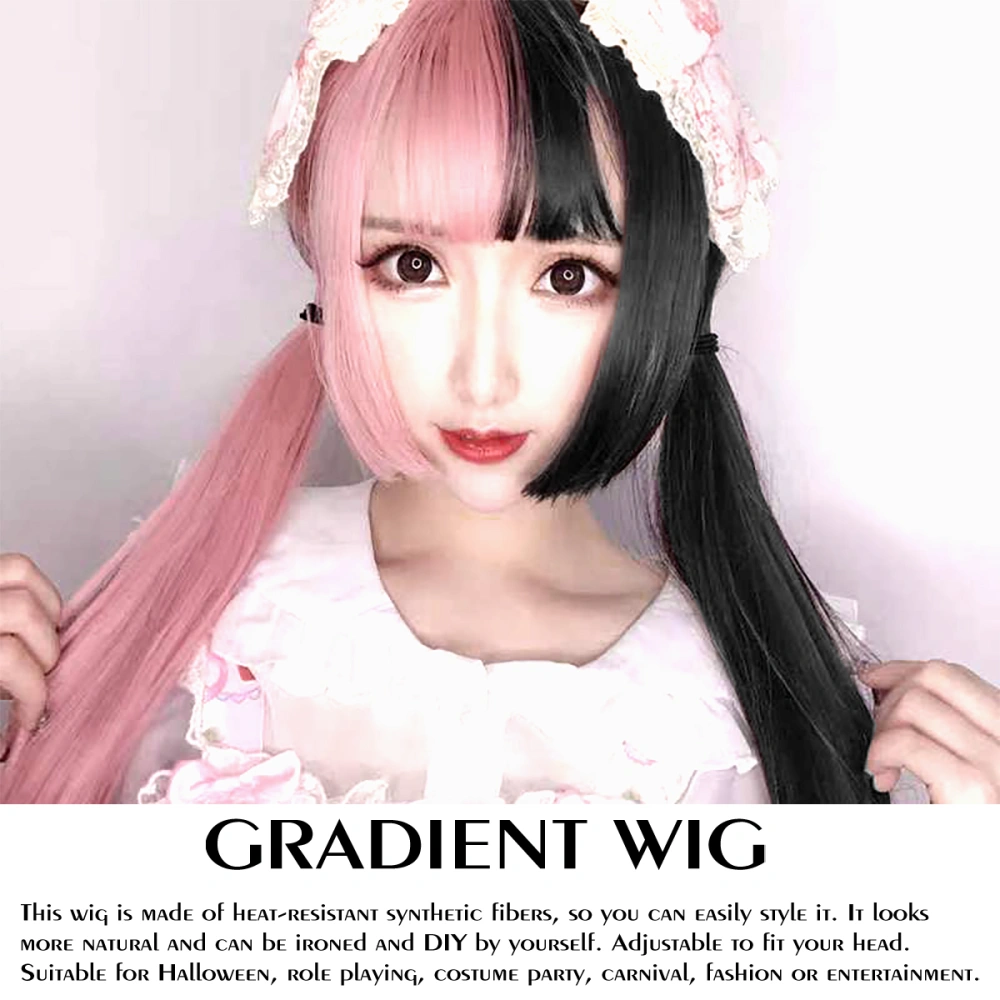 Half Black Half Pink Long Straight Wigs Fashion Synthetic Hair Wigs for Makeup