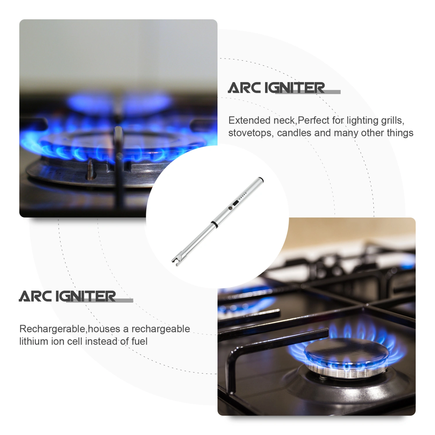 Metal Ignition Arc Plasma Candle Lighter Windproof BBQ Electric USB Lighter Outdoor Rechargeable Kitchen Gas Stove Lighter Silver 871-1 with Matte Silver Paper Box