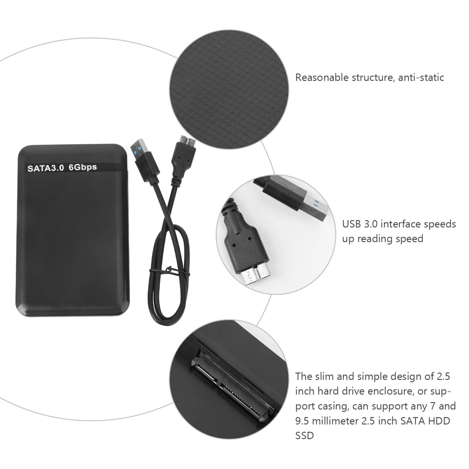 2.5Inch USB3.0 SATA 3.0 High 6Gbps Mobile Hard Drive Disk Portable Enclosure (Black)
