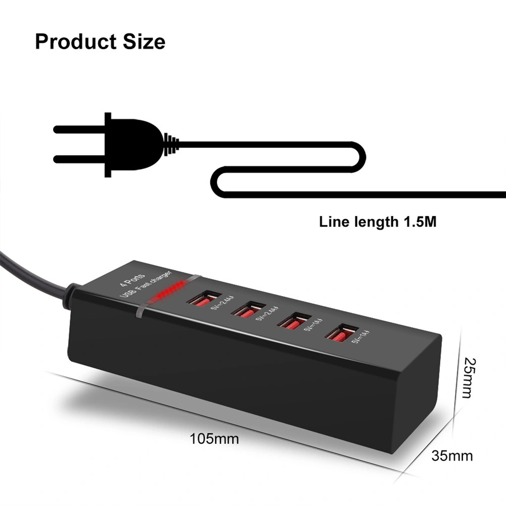 5V 2.4A 4 Ports USB HUB Power Adapter Mobile Phone Charger Desk Charging Plate with US Plug (Black)