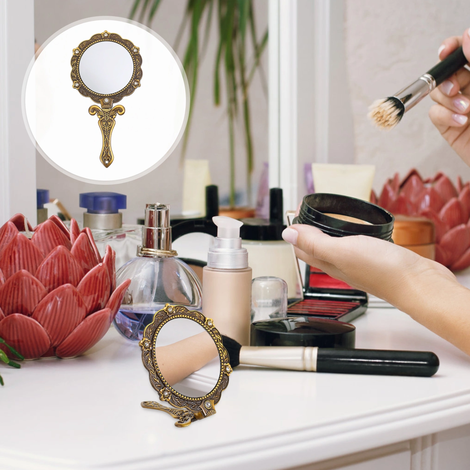 Crystal Mirror Handheld Cosmetic Mirror Portable Vanity Mirror Folding Mirror