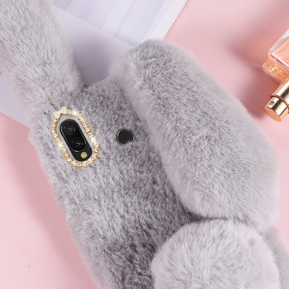 Light Grey Plush Rabbit Design Phone Case Fashion Rhinestone Phoho Shell Winter Keep Warm Shockproof Cover Compatible with Galaxy A20/A30