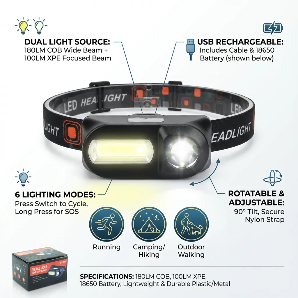 6 LEDs Rechargeable Headlamp Flashlight Rotatable Super Bright Head Torch USB Charging Head Lamp for Outdoor Running Camping Hiking Walking with Cable and Battery (Black)