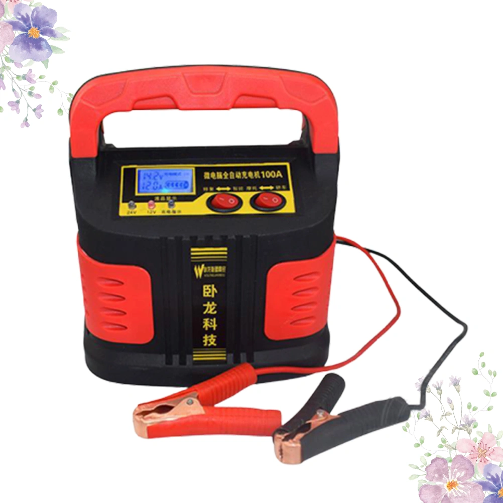 Lead Acid Battery Chargers 12V 24V Smart Fast Charging Full Automatic Motorcycle Truck Car Battery Charger LCD Display (Red)