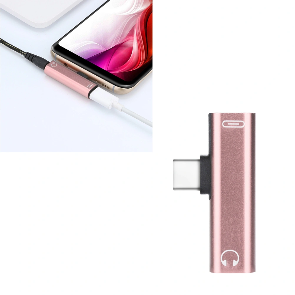3.5mm to Type-C Earphone Adapter Type C 2 in 1 Audio Stereo Earphone Converter (Rose Gold)