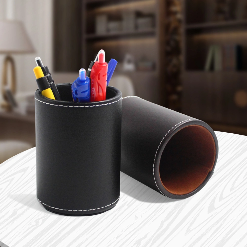 1pc PU Leather Round Shape Pen Holder Container Makeup Brush Storage Box for Office (Black)