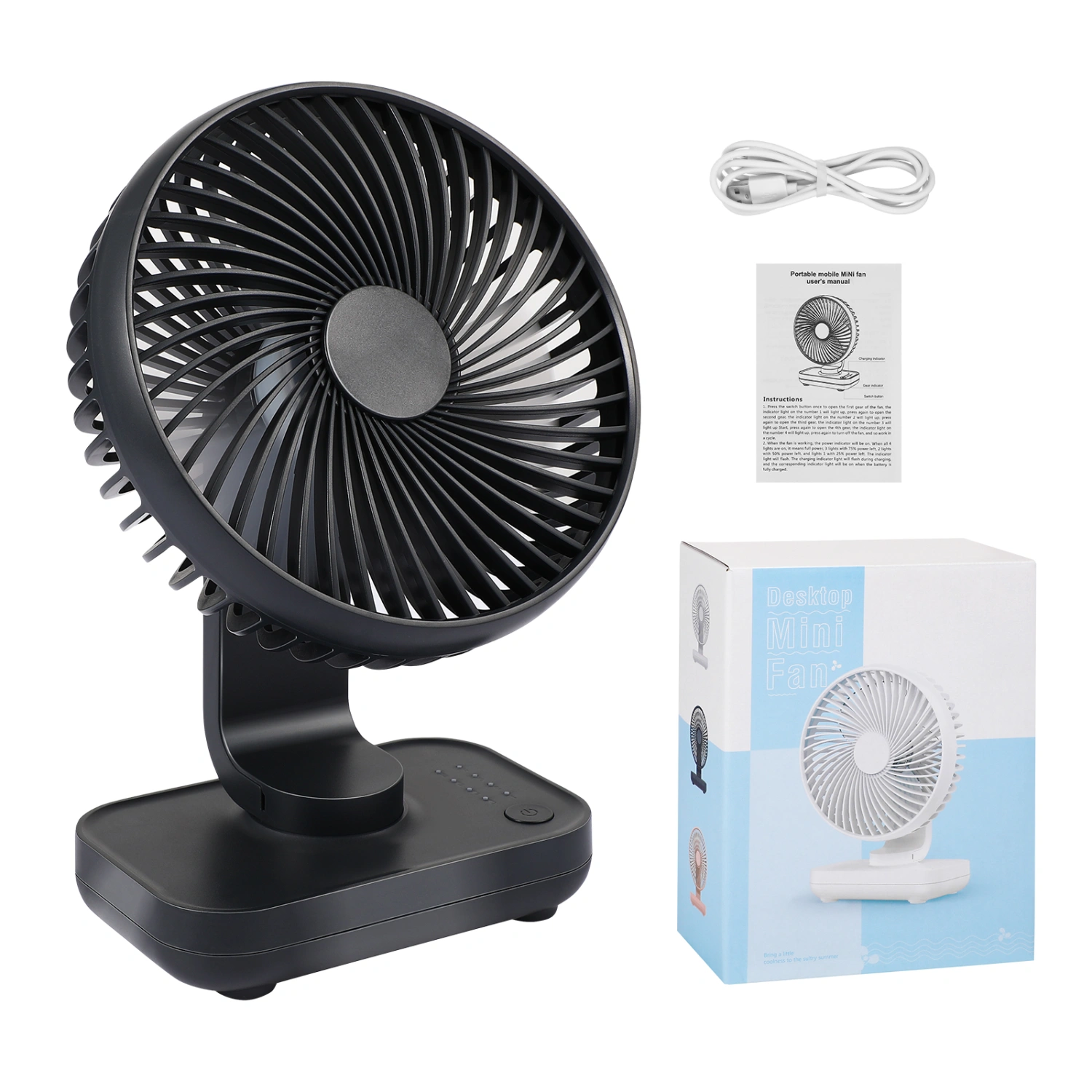 1pc Mini Desk Fan Portable Battery Operated Fan USB Rechargeable Personal Fan Low Noise Adjustable 4 Speeds Table Fan