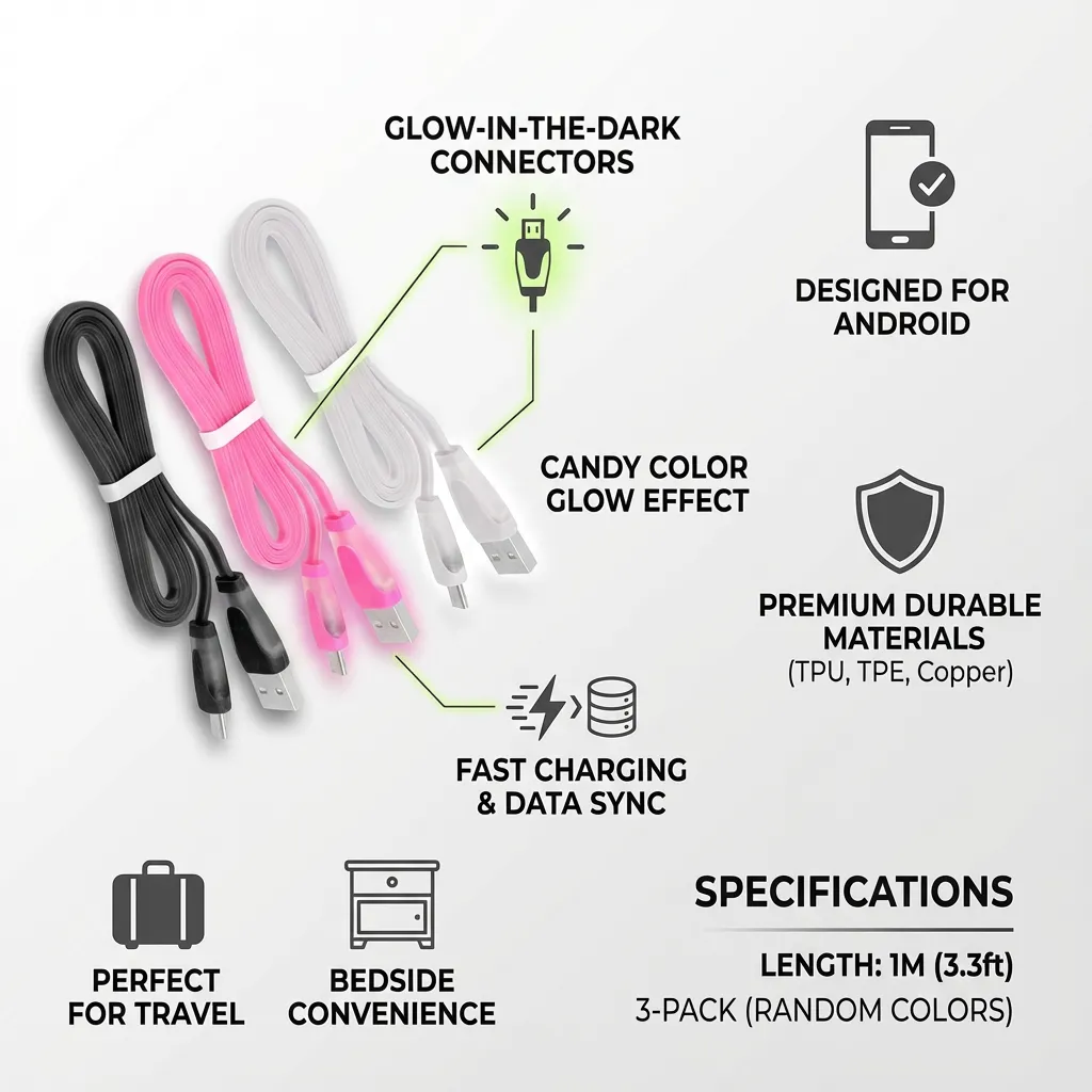 3pcs Mobile Phone Charging Color Glow USB Data Cable Compatible for Android Mobile Phone (Random Color)