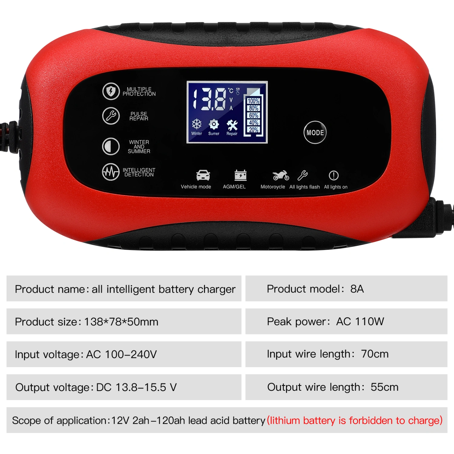 Car Battery Charger 12V/8A LCD Display Smart Car Pulse Repair Charger for Vehicle Motorcycle(AU Plug)