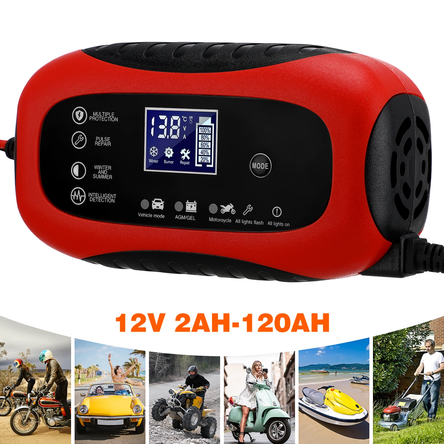 Car Battery Charger 12V/8A LCD Display Smart Car Pulse Repair Charger for Vehicle Motorcycle(AU Plug)