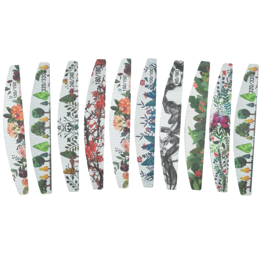 10pcs Printing Nail Files Half Moon Shaped Nail Buffer Shine Polisher Fingernails Manicure Files for Home Nail Salon