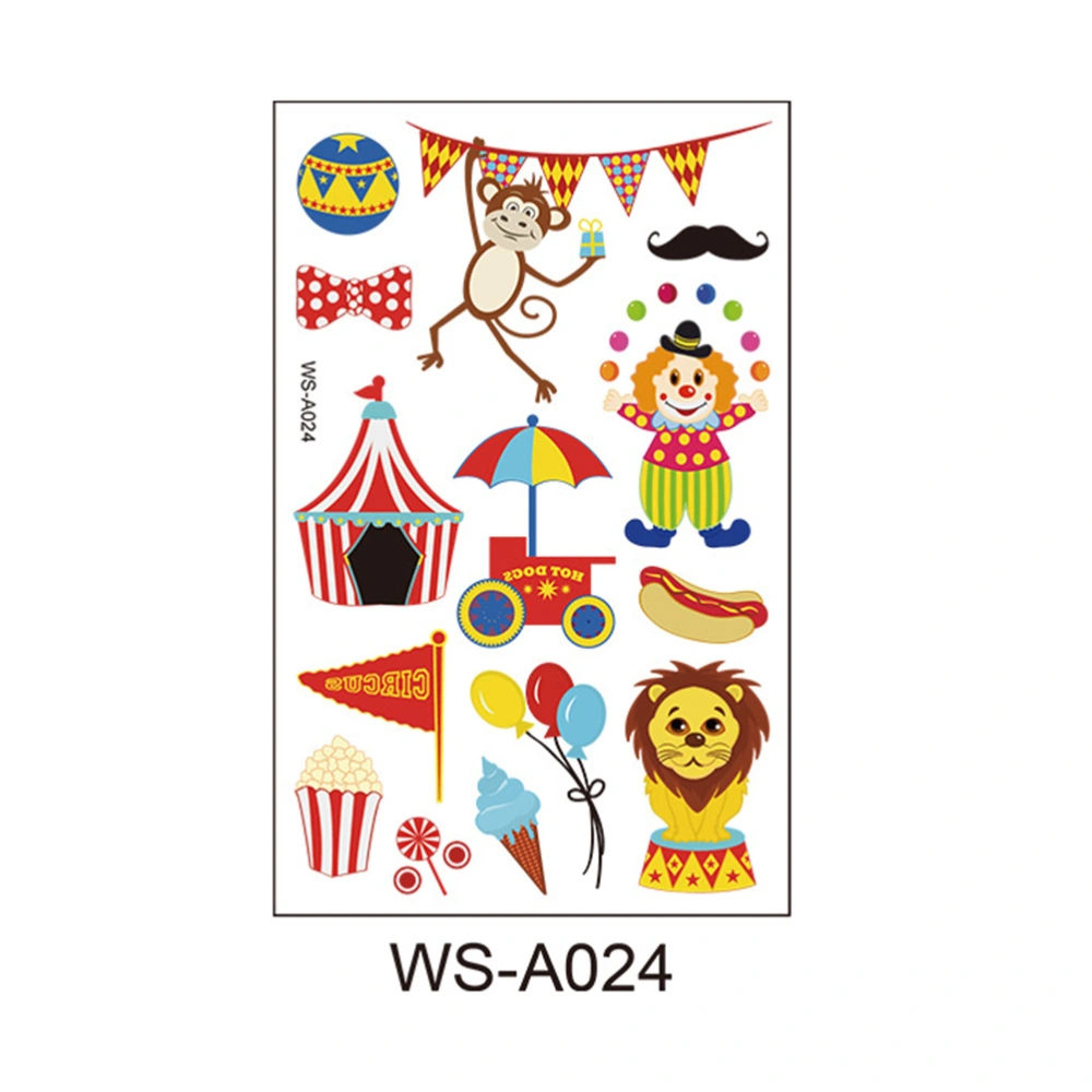 12 Sheets/Pack Circus Theme Temporary Tattoos Waterproof Self-adhesive Stickers Funny Decals for Children